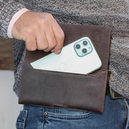 Cowhide Leather Waist Bag Phone Holder Casual 6.7'' Phone Waist Belt for iPhone Samsung Galaxy Zipper Pocket Cellphone Holster - My Web Bazaar