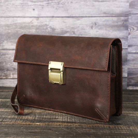 Genuine Leather Men Clutch Bag with Name Engraving DIY High Quality Long Wallet Phone Pocket Password Lock Handbag - My Web Bazaar