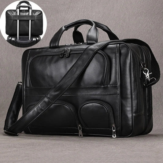 Genuine Leather Men's Business Briefcase Fit 17" Laptop Handbag Soft Cowhide Male Big Office Shoulder Bag Tote Black - My Web Bazaar