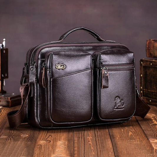 Head Layer Cowhide Single Shoulder Crossbody Bag for Men with Double Layered Casual Leather Horizontal Design - My Web Bazaar