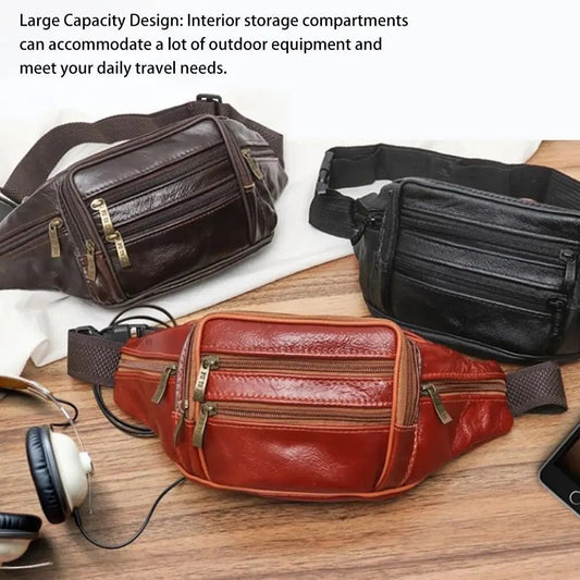 Leather Chest Shoulder Fashion Waist Bags Outdoor Shopping Men's Fanny Pack Belt Running Travel Pouch Red Brown - My Web Bazaar