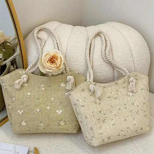New And Simple Straw Bag Lace Bag Ins Straw Shoulder Bag Large Capacity Flower Fashion Women Handbag - My Web Bazaar