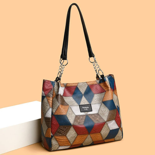 Retro Geometric Pattern Color - matching Shoulder Bag Fashion Large Capacity Stitching Handbag for Women Totes - My Web Bazaar